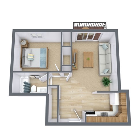 Floor plan for 1 bed, 1 bath, 600 sqft