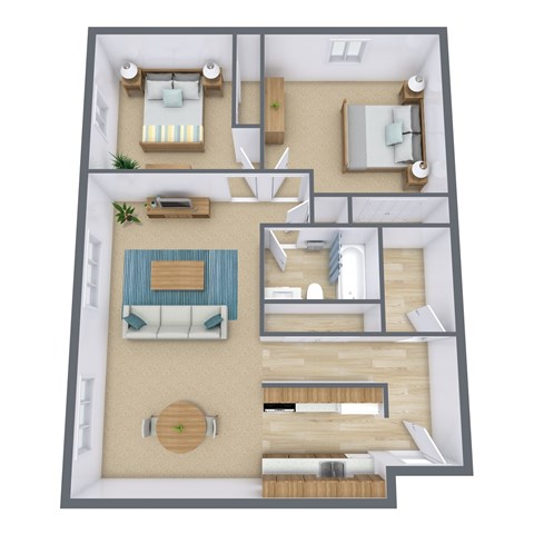 Floor plan for 2 beds, 1 bath, 850 sqft