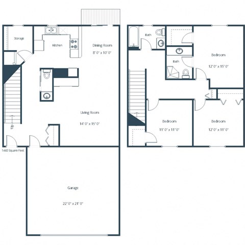 Floor plan for 3 beds, 2.5 baths, 1460 sqft