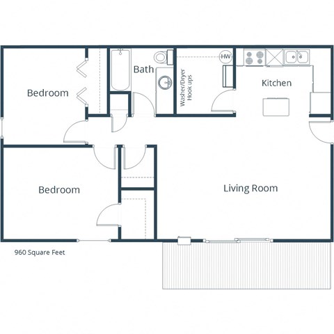 Floor plan for 2 beds, 1 bath, 960 sqft