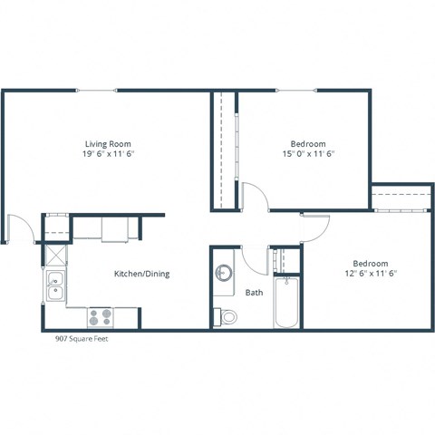Floor plan for 2 beds, 1 bath, 907 sqft