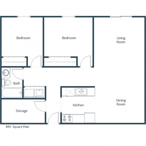 Floor plan for 2 beds, 1 bath, 895 sqft