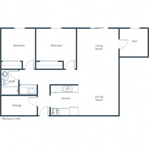 Floor plan for 2 beds, 1 bath, 946 sqft