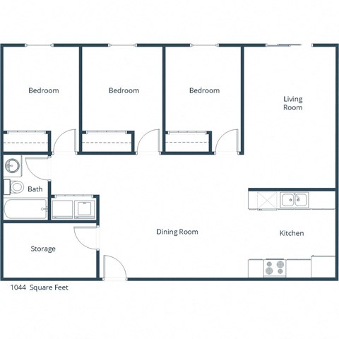 Floor plan for 3 beds, 1 bath, 1044 sqft