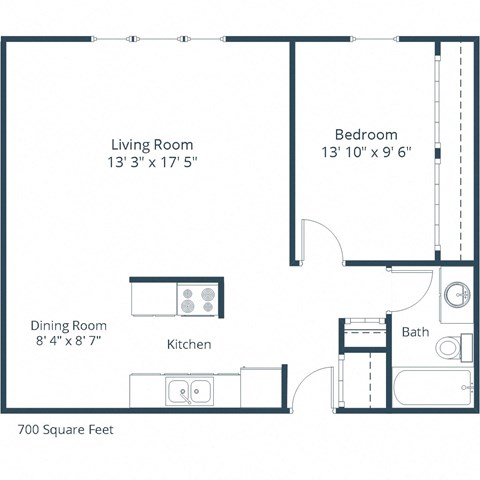 Floor plan for 1 bed, 1 bath, 700 sqft
