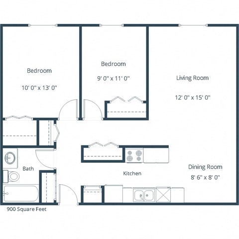 Floor plan for 2 beds, 1 bath, 900 sqft