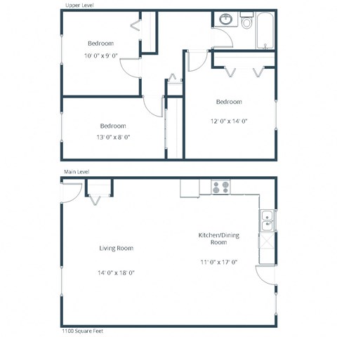 Floor plan for 3 beds, 1 bath, 1100 sqft