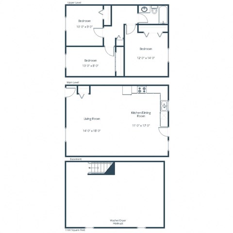 Floor plan for 3 beds, 1 bath, 1100 sqft