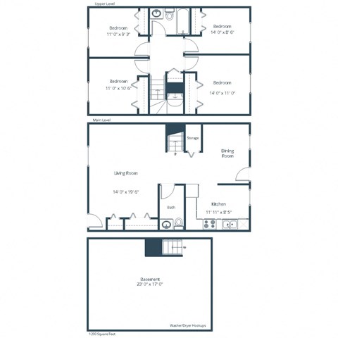 Floor plan for 4 beds, 2 baths, 1200 sqft