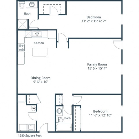 Floor plan for 2 beds, 2 baths, 1280 sqft