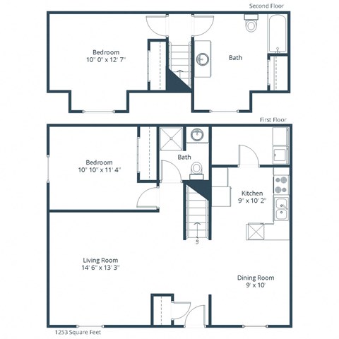 Floor plan for 2 beds, 2 baths, 1253 sqft