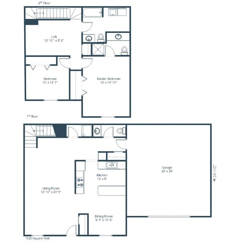 Floor plan for 2 beds, 2.5 baths, 1520 sqft