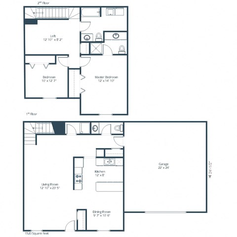 Floor plan for 2 beds, 2.5 baths, 1520 sqft
