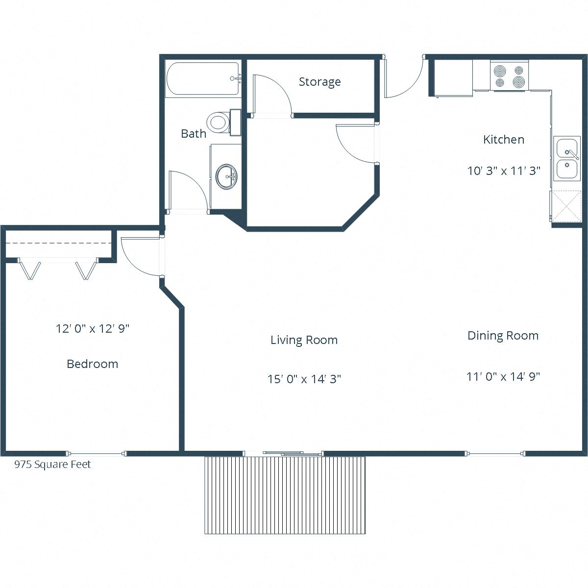 Floor plan for 1 bed, 1 bath, 975 sqft