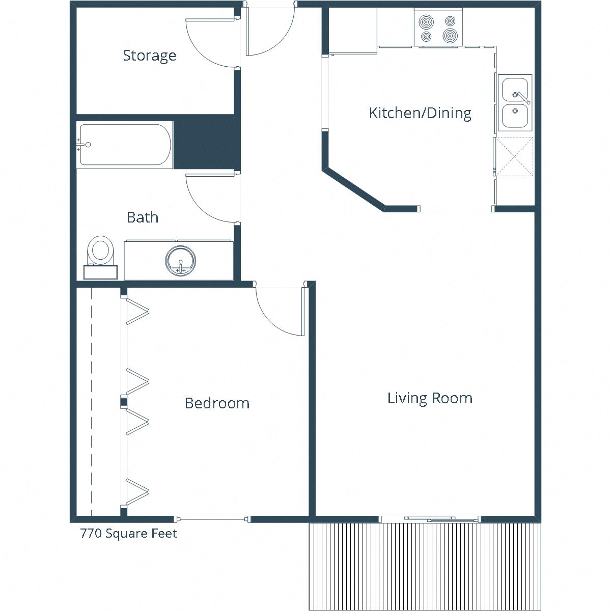 Floor plan for 1 bed, 1 bath, 780 sqft