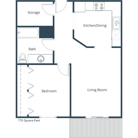Floor plan for 1 bed, 1 bath, 780 sqft