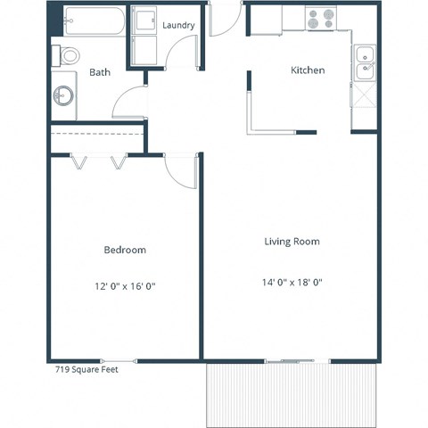 Floor plan for 1 bed, 1 bath, 719 sqft