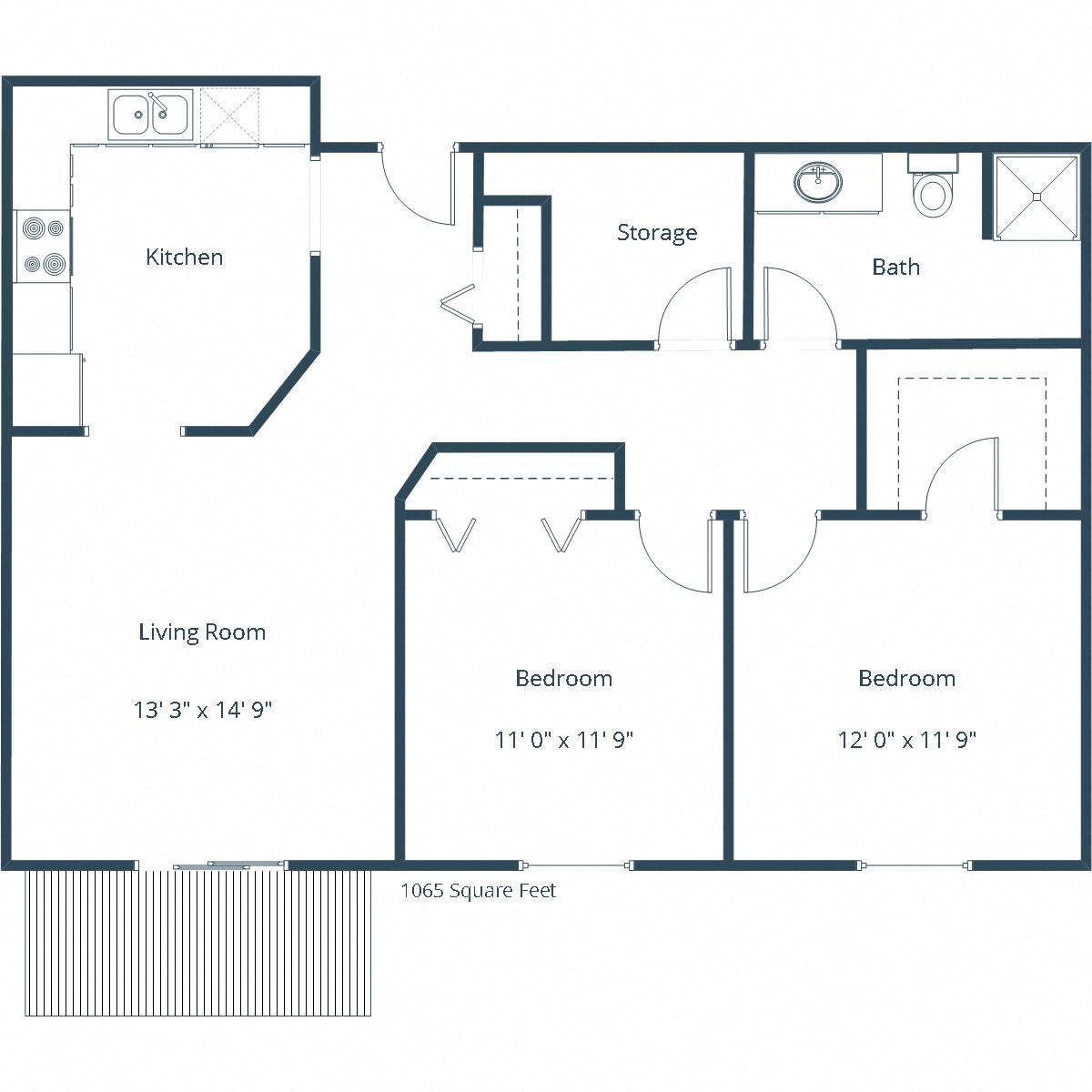Floor plan for 2 beds, 1 bath, 1065 sqft