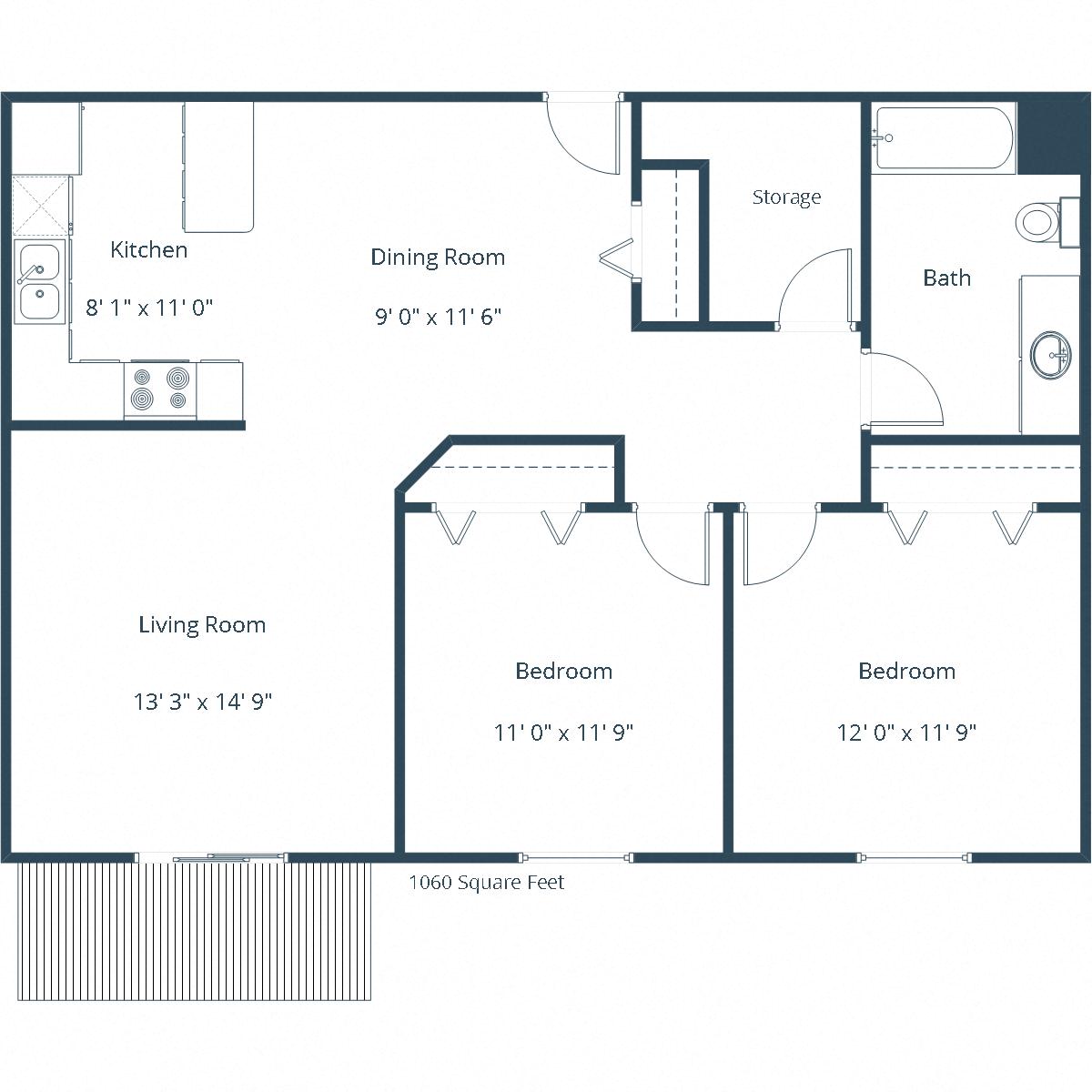 Floor plan for 2 beds, 1 bath, 1160 sqft