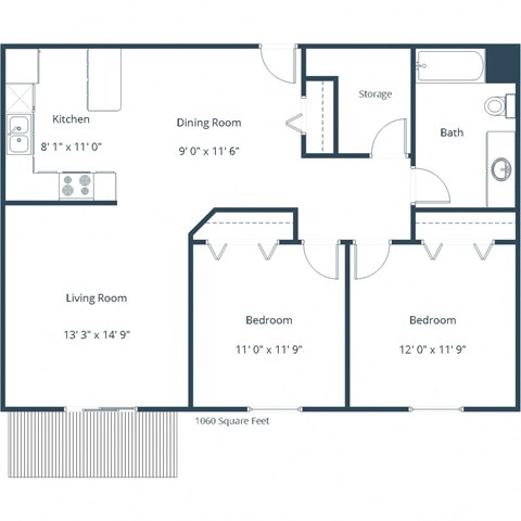 Floor plan for 2 beds, 1 bath, 1160 sqft