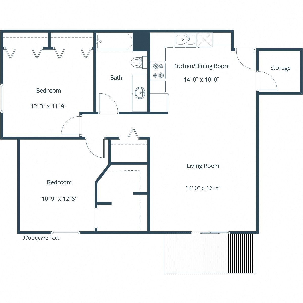 Floor plan for 2 beds, 1 bath, 970 sqft