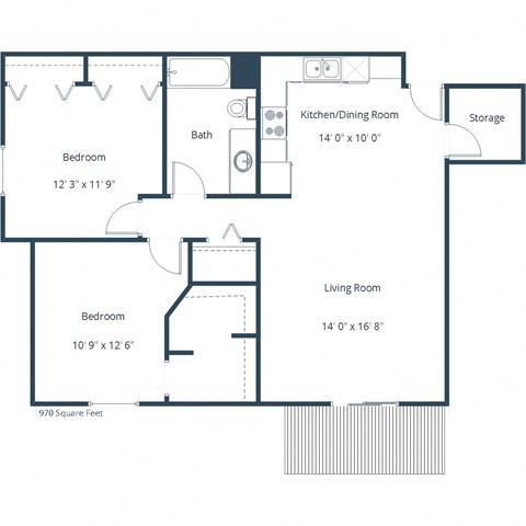 Floor plan for 2 beds, 1 bath, 970 sqft