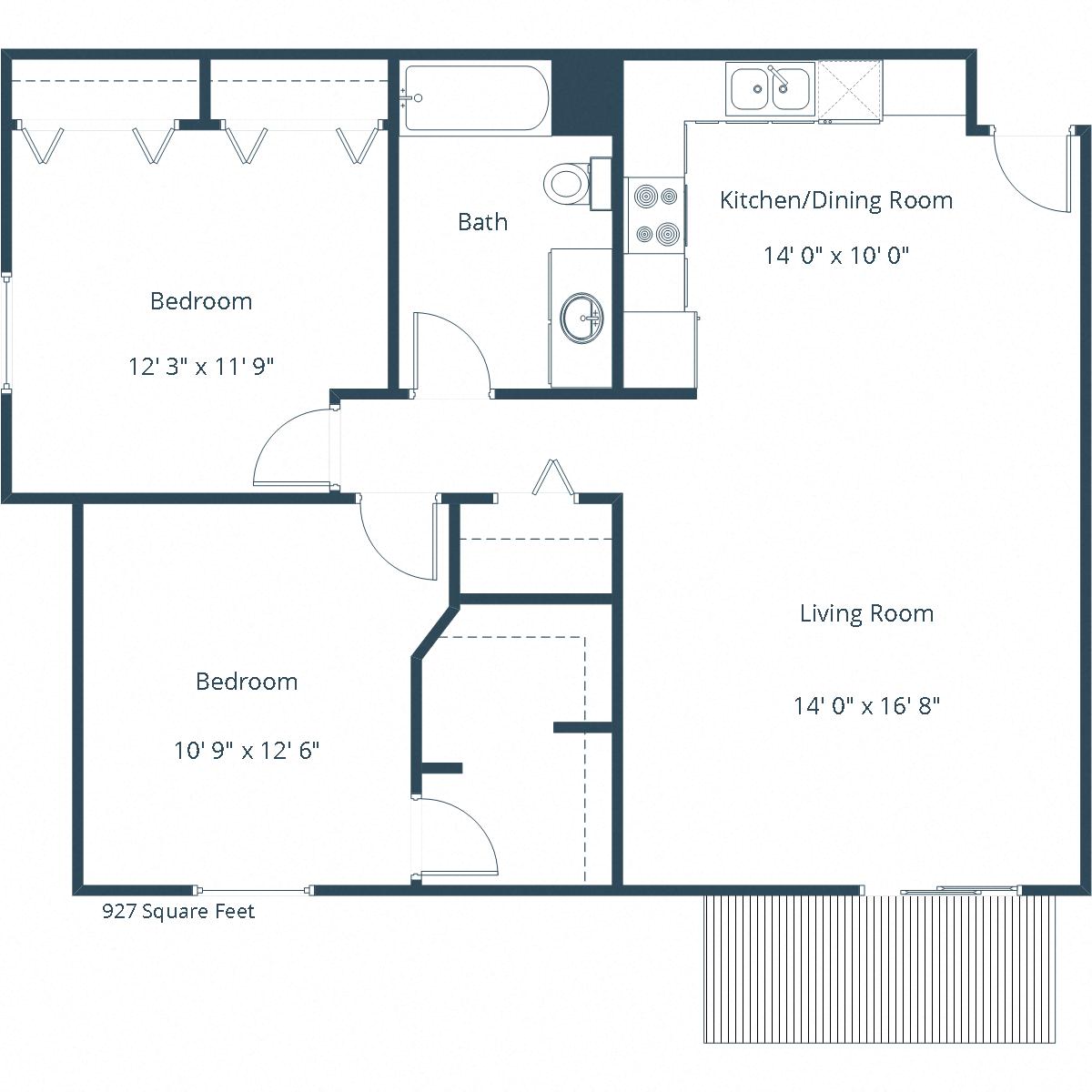 Floor plan for 2 beds, 1 bath, 1160 sqft