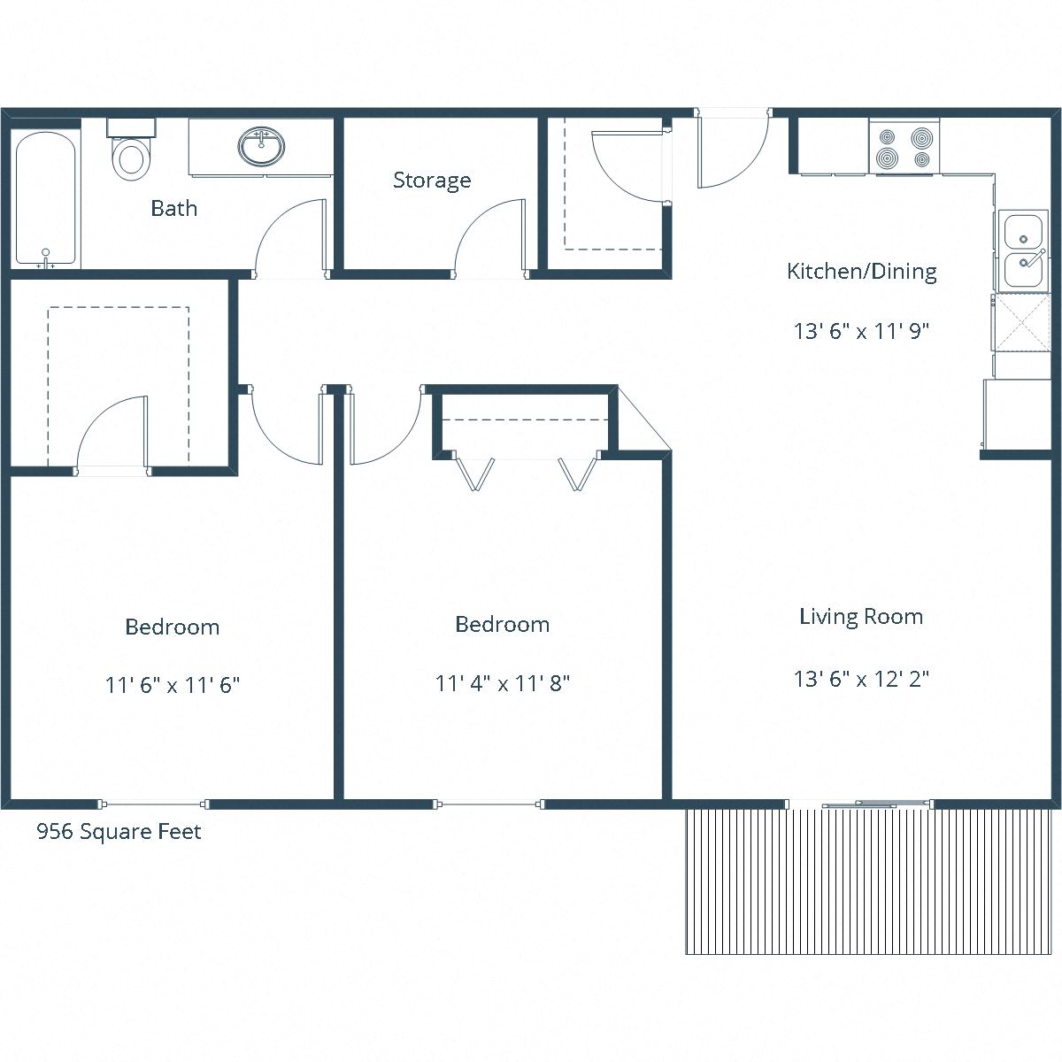 Floor plan for 2 beds, 1 bath, 956 sqft