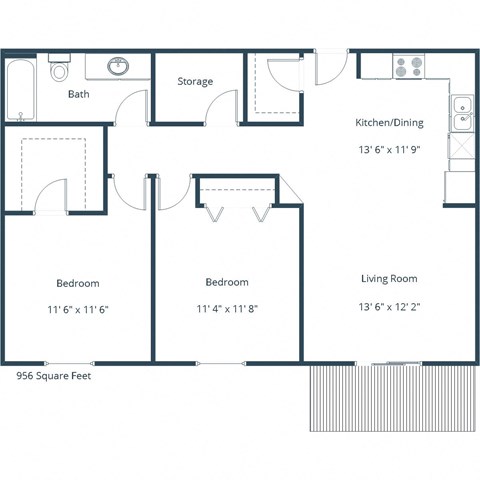 Floor plan for 2 beds, 1 bath, 956 sqft