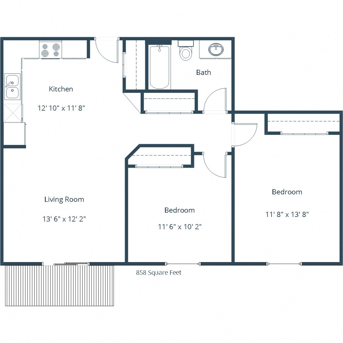 Floor plan for 2 beds, 1 bath, 858 sqft
