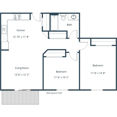 Floor plan for 2 beds, 1 bath, 1135 sqft