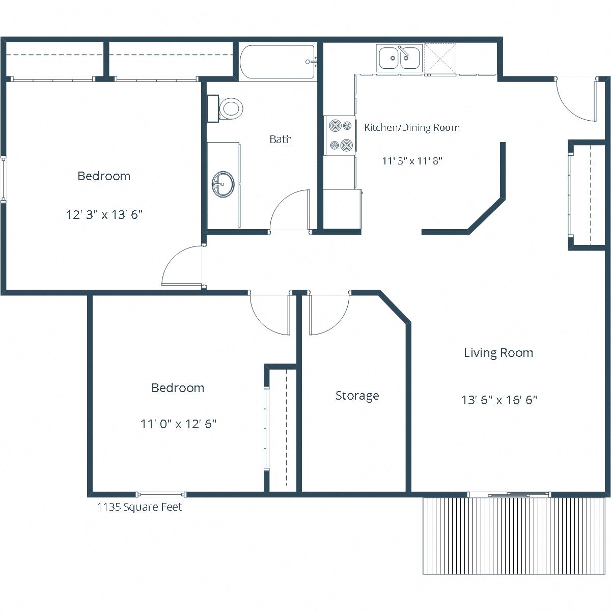 Floor plan for 2 beds, 1 bath, 1135 sqft