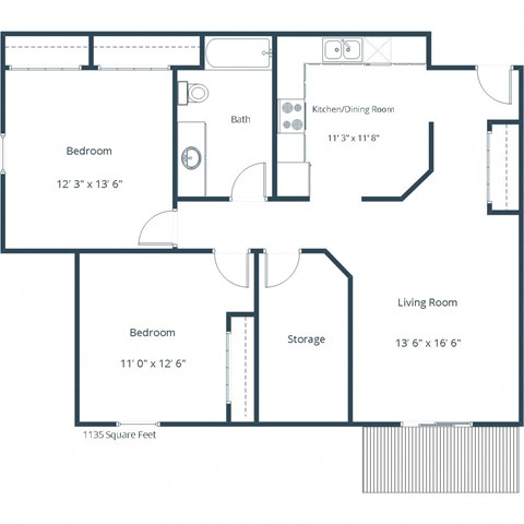 Floor plan for 2 beds, 1 bath, 1135 sqft