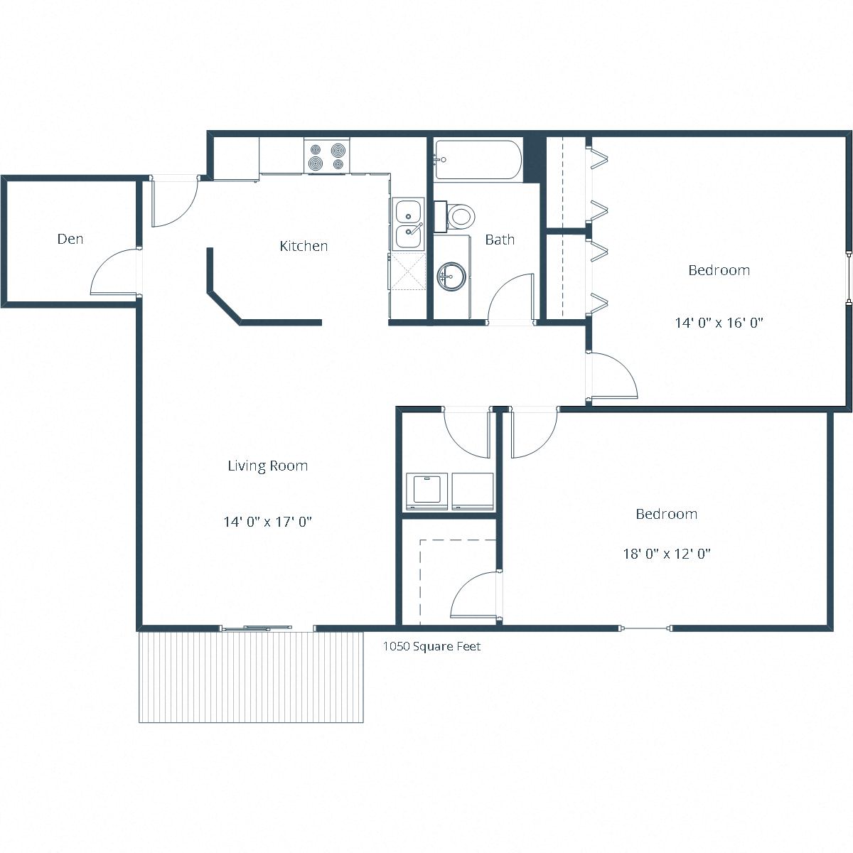 Floor plan for 2 beds, 1 bath, 1050 sqft