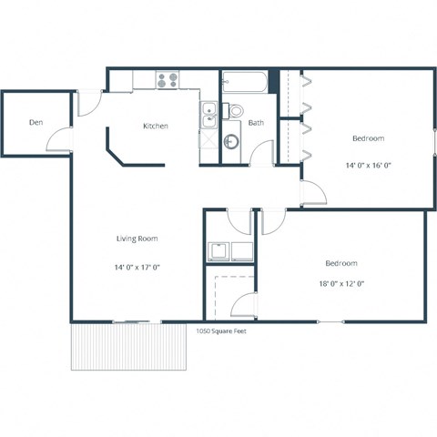 Floor plan for 2 beds, 1 bath, 1050 sqft