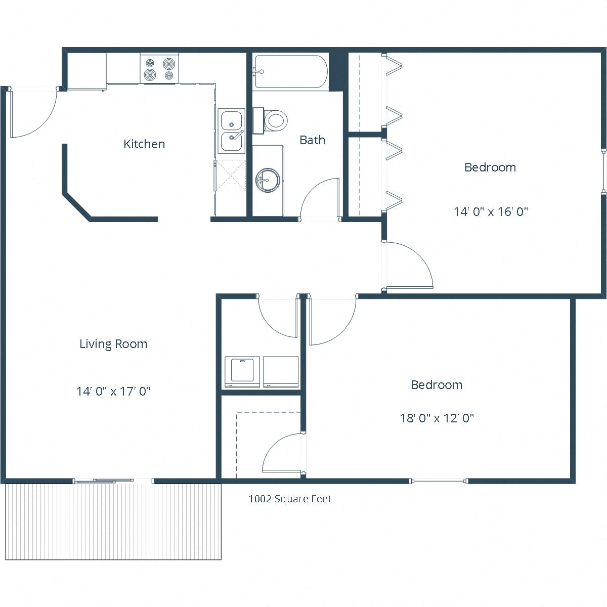 Floor plan for 2 beds, 1 bath, 1002 sqft