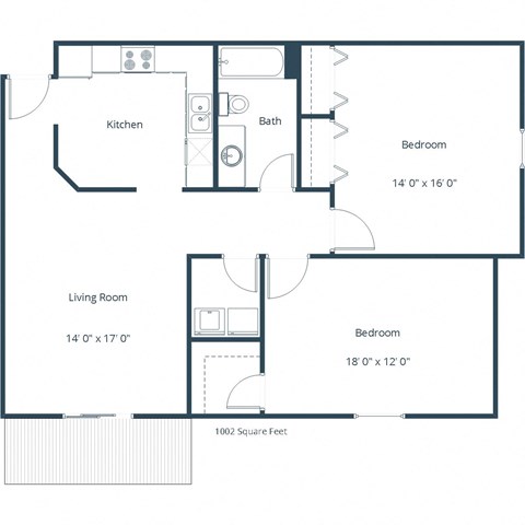 Floor plan for 2 beds, 1 bath, 1002 sqft