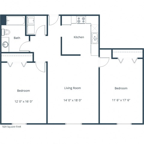 Floor plan for 2 beds, 1 bath