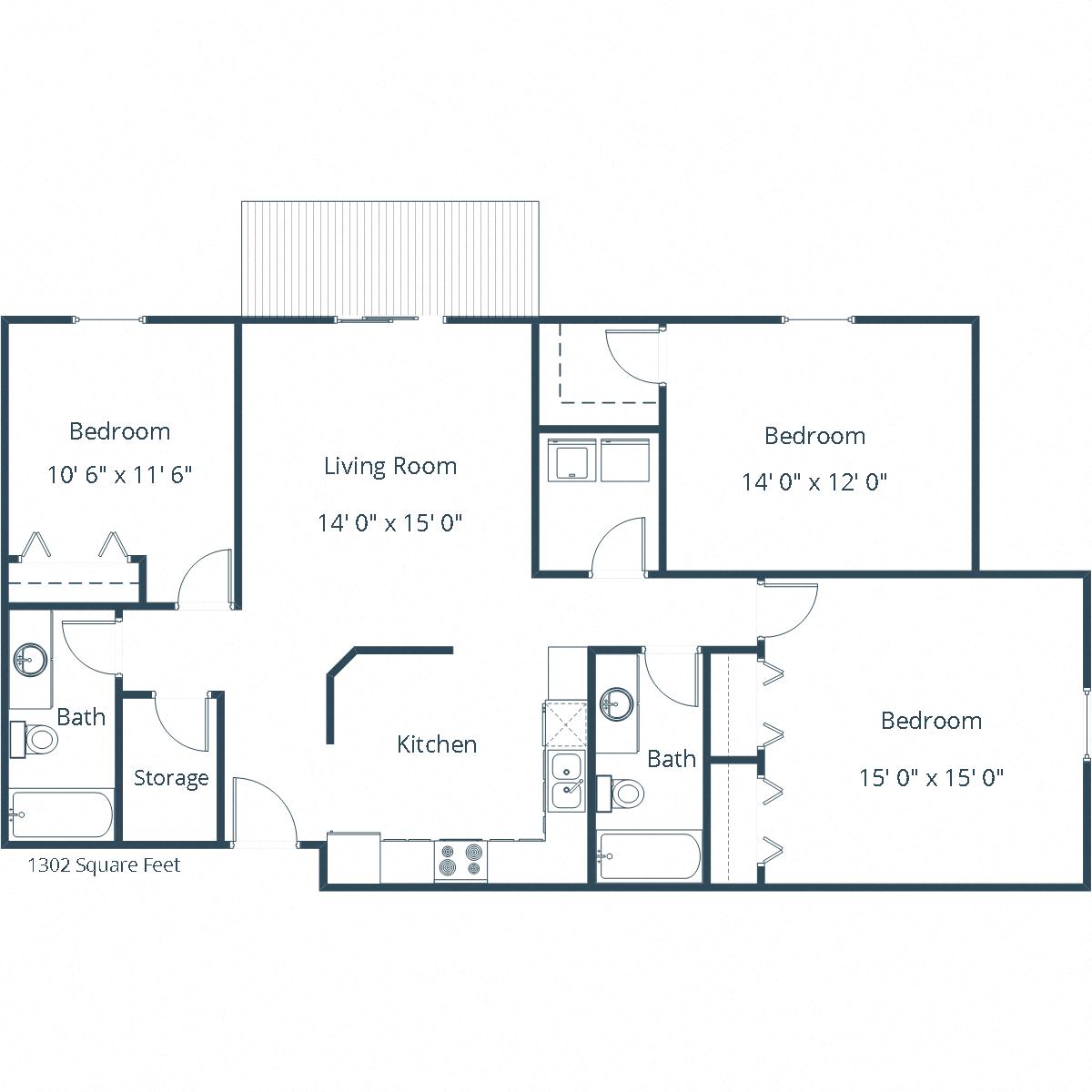 Floor plan for 3 beds, 2 baths, 1302 sqft