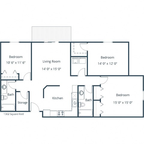 Floor plan for 3 beds, 2 baths, 1302 sqft