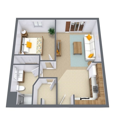 Floor plan for 1 bed, 1 bath, 640 sqft