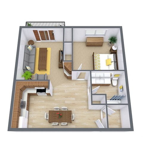 Floor plan for 1 bed, 1 bath, 770 sqft