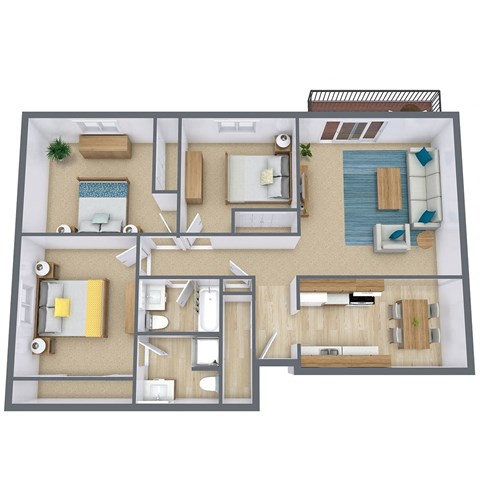 Floor plan for 3 beds, 2 baths, 1065 sqft