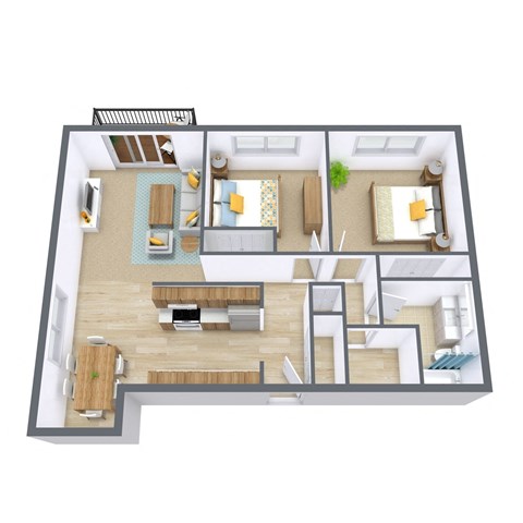 Floor plan for 2 beds, 1 bath, 895 sqft