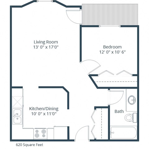 Floor plan for 1 bed, 1 bath, 620 sqft