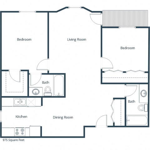 Floor plan for 2 beds, 2 baths, 975 sqft