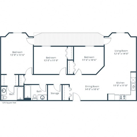 Floor plan for 3 beds, 2 baths, 1270 sqft