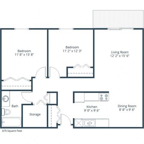 Floor plan for 2 beds, 1 bath, 875 sqft
