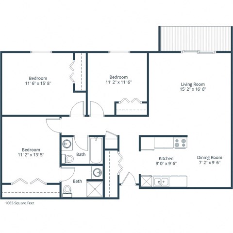 Floor plan for 3 beds, 2 baths, 1065 sqft