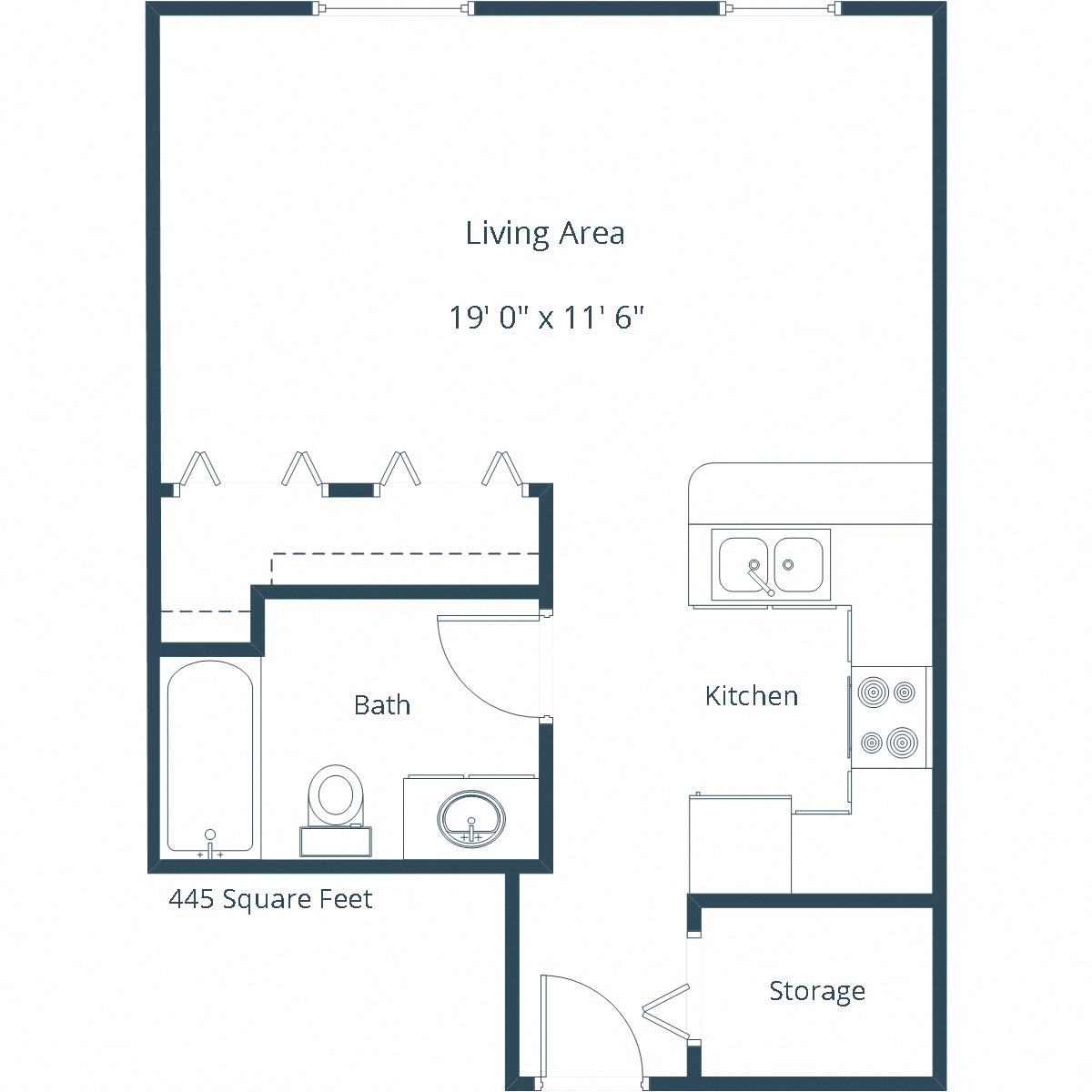 Floor plan for studio, 1 bath, 445 sqft
